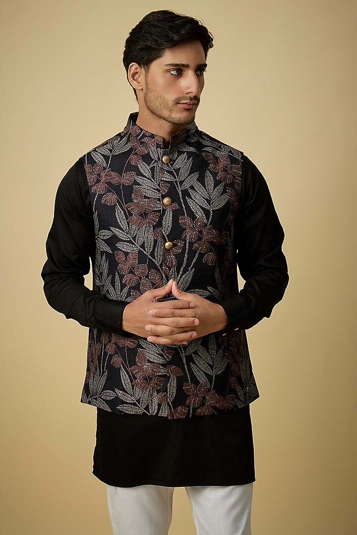 Black Blended Silk Tropical Printed Nehru Jacket Set by Spring Break Men at Pernia's Pop Up Shop