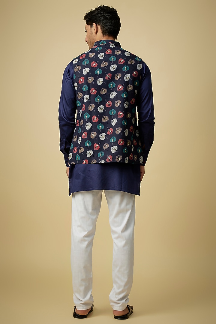 Navy Blue Blended Silk Leaf Printed Nehru Jacket Set by Spring Break Men at Pernia's Pop Up Shop