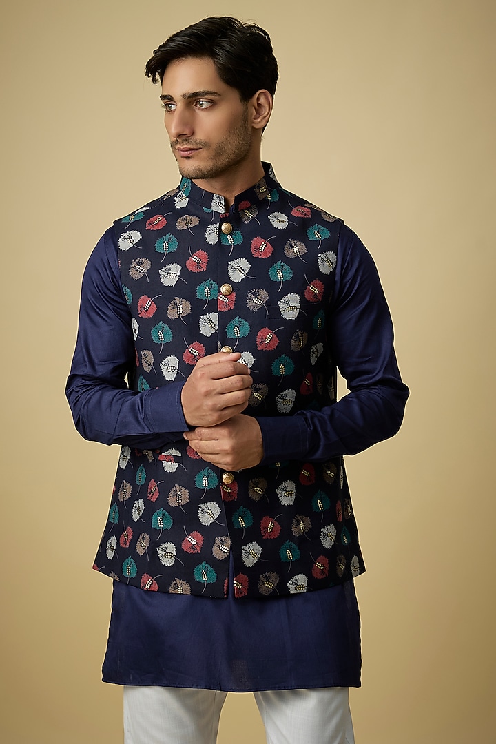 Navy Blue Blended Silk Leaf Printed Nehru Jacket Set by Spring Break Men at Pernia's Pop Up Shop