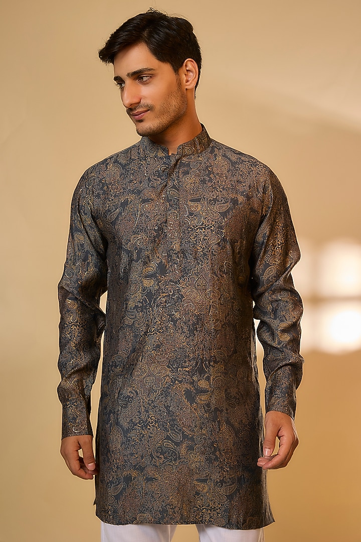 Grey Blended Silk Paisley Printed Kurta Set by Spring Break Men at Pernia's Pop Up Shop