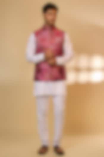 Pink Blended Silk Digital Printed Nehru Jacket Set by Spring Break Men