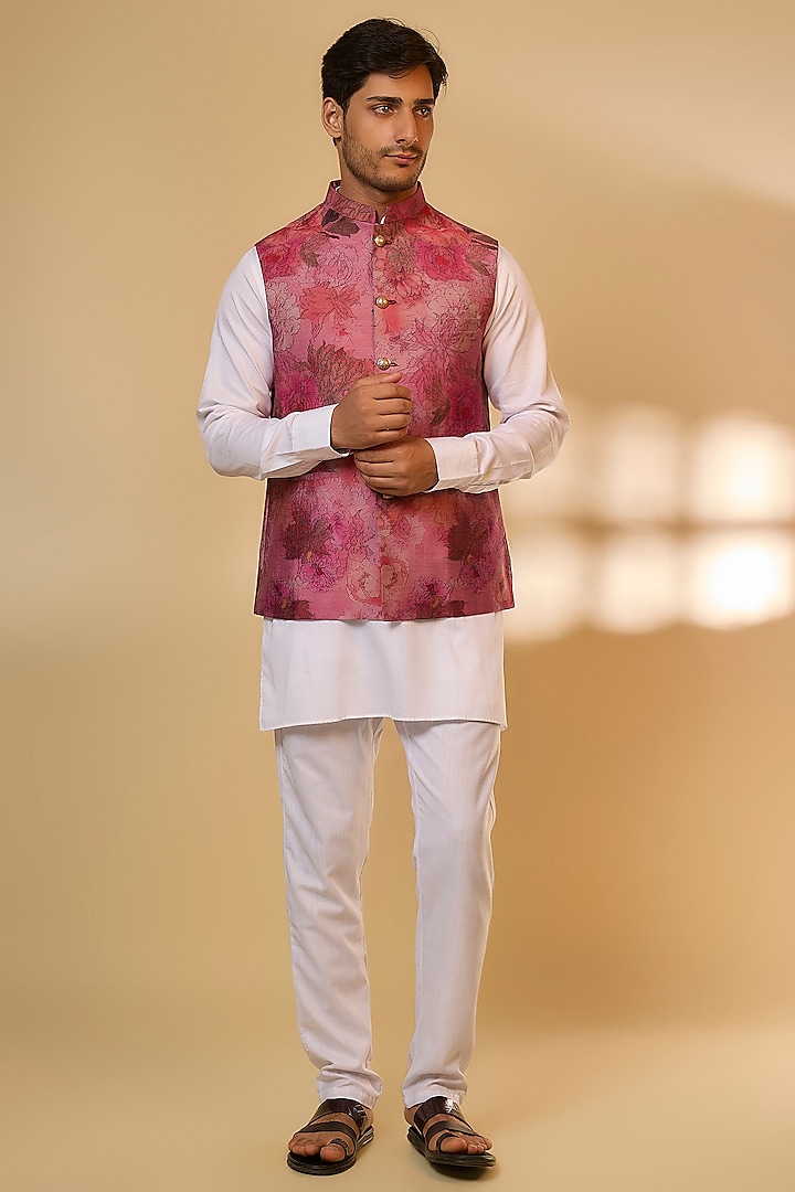 Pink Blended Silk Digital Printed Nehru Jacket Set by Spring Break Men