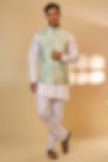 Blue Blended Silk Printed Nehru Jacket Set by Spring Break Men