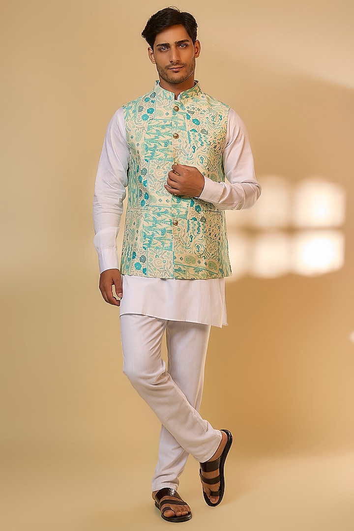 Blue Blended Silk Printed Nehru Jacket Set by Spring Break Men