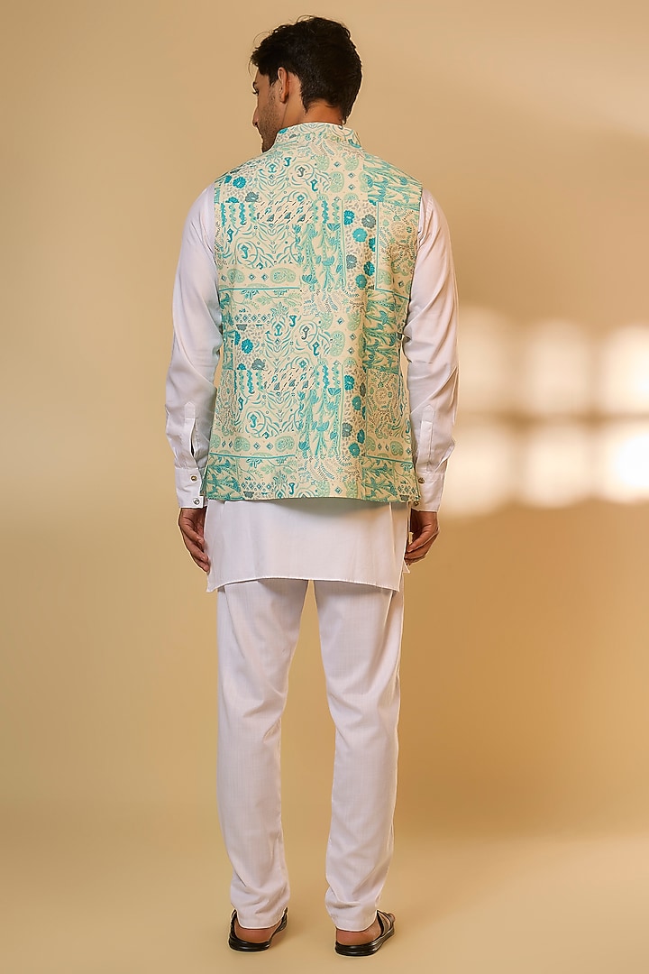 Blue Blended Silk Printed Nehru Jacket Set by Spring Break Men at Pernia's Pop Up Shop