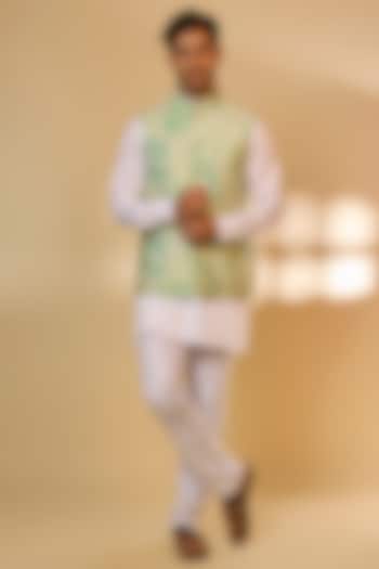 Blue Blended Silk Printed Nehru Jacket Set by Spring Break Men