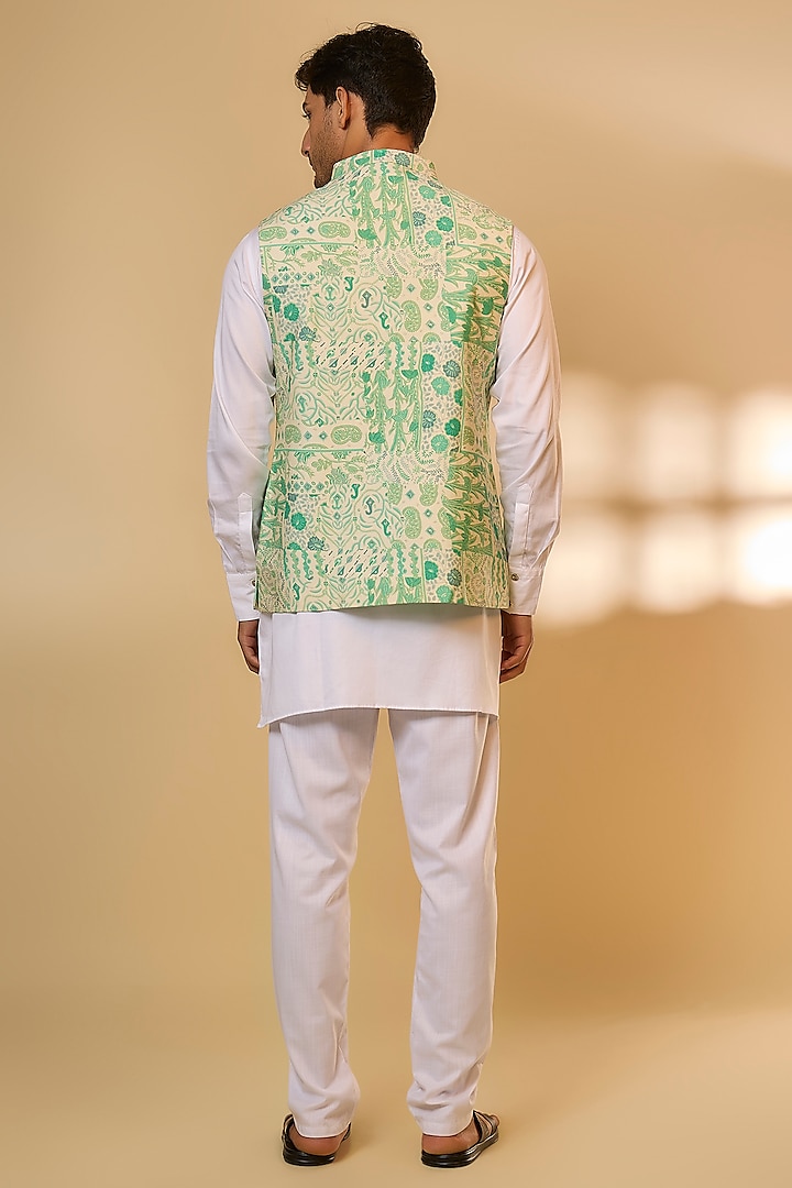 Green Blended Silk Printed Nehru Jacket Set by Spring Break Men at Pernia's Pop Up Shop