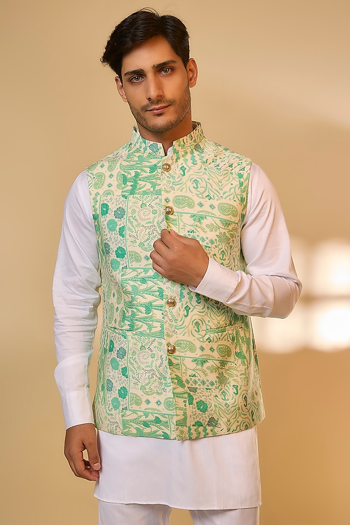 Green Blended Silk Printed Nehru Jacket Set by Spring Break Men at Pernia's Pop Up Shop