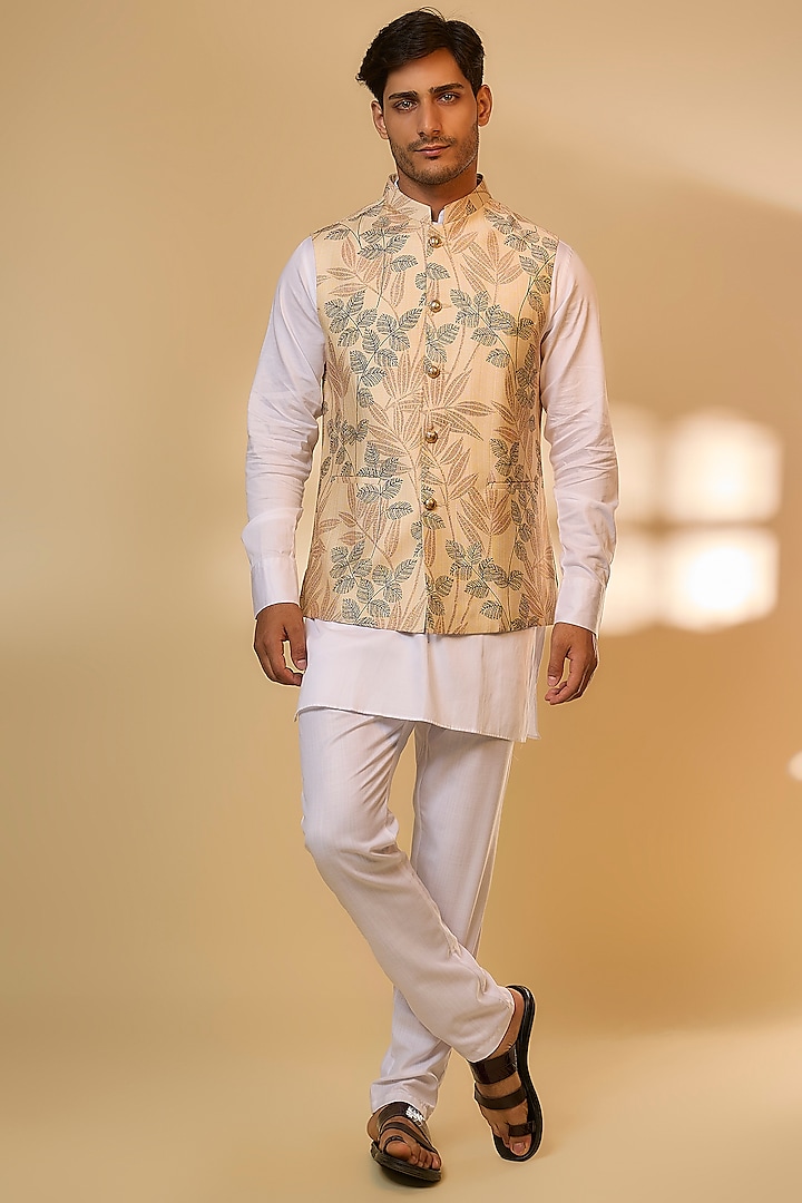 Cream Cotton Linen Tropical Printed Nehru Jacket Set by Spring Break Men