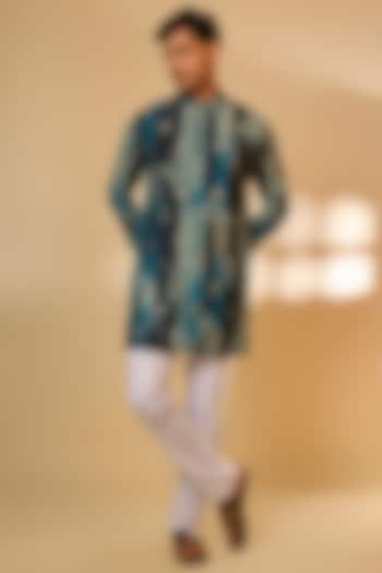 Navy Blue Blended Silk Printed Kurta Set by Spring Break Men