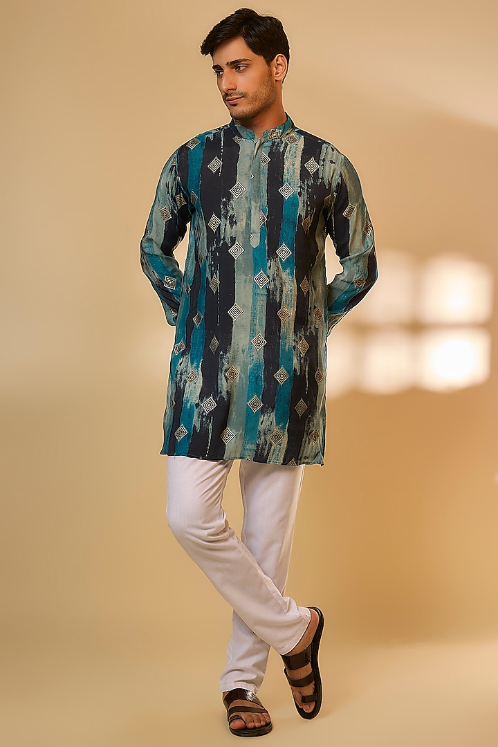 Navy Blue Blended Silk Printed Kurta Set by Spring Break Men
