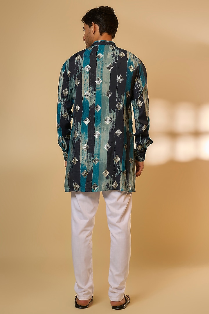 Navy Blue Blended Silk Printed Kurta Set by Spring Break Men at Pernia's Pop Up Shop