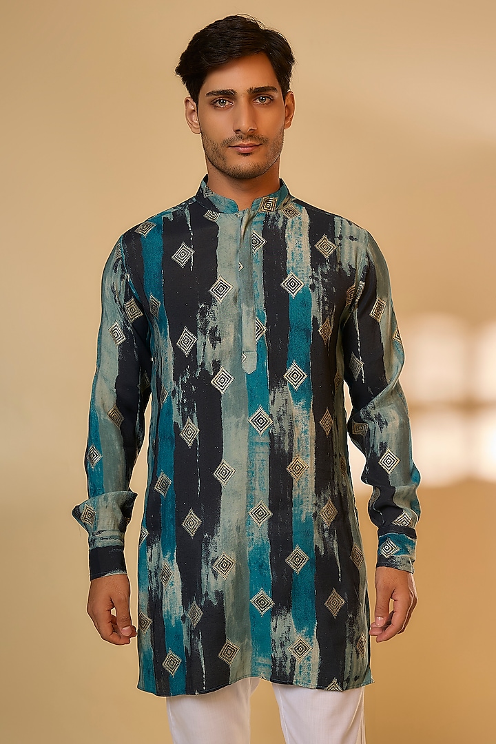 Navy Blue Blended Silk Printed Kurta Set by Spring Break Men at Pernia's Pop Up Shop
