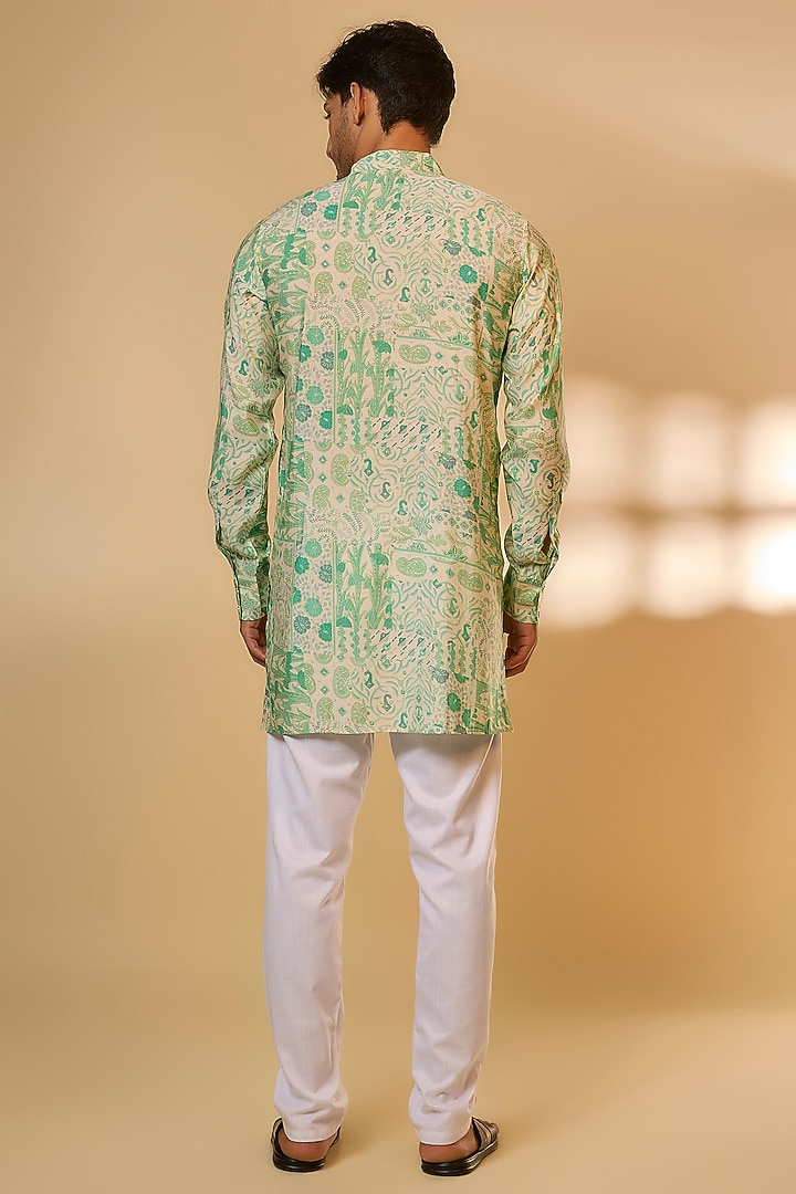 Green Blended Silk Printed Kurta Set by Spring Break Men at Pernia's Pop Up Shop
