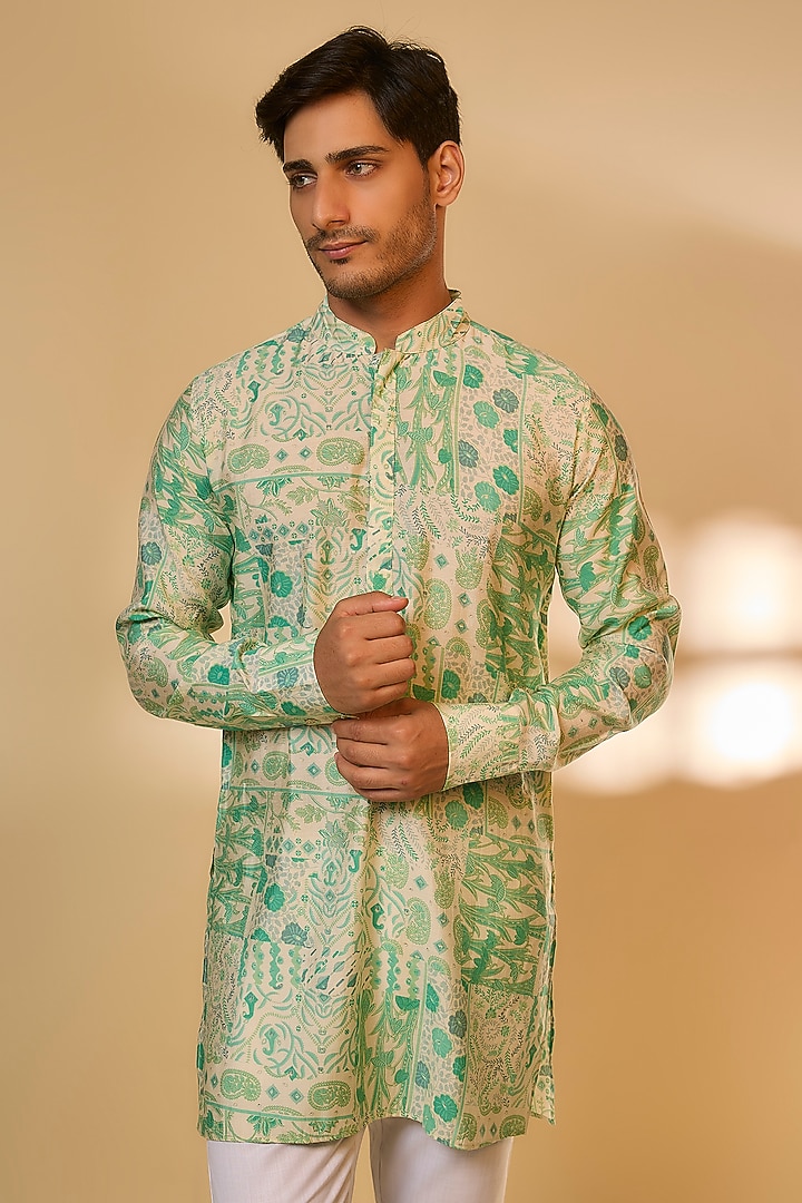 Green Blended Silk Printed Kurta Set by Spring Break Men at Pernia's Pop Up Shop