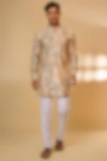 Cream Cotton Linen Tropical Printed Kurta Set by Spring Break Men
