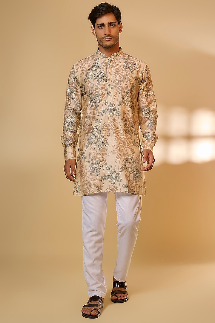 Cream Cotton Linen Tropical Printed Kurta Set by Spring Break Men