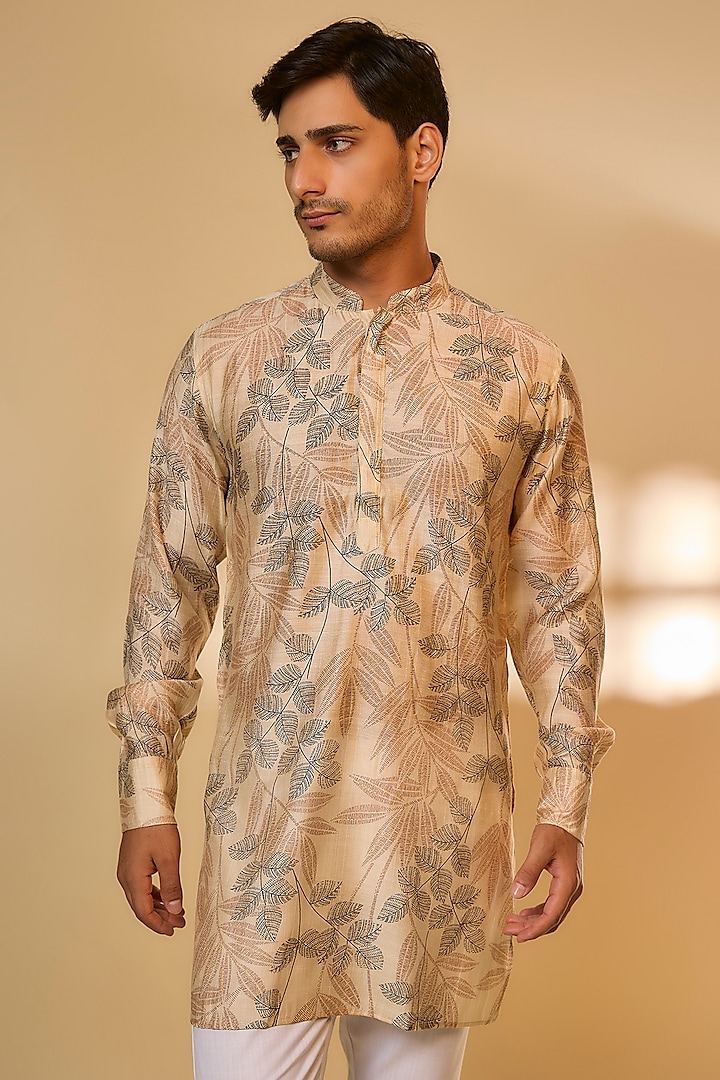 Cream Cotton Linen Tropical Printed Kurta Set by Spring Break Men at Pernia's Pop Up Shop