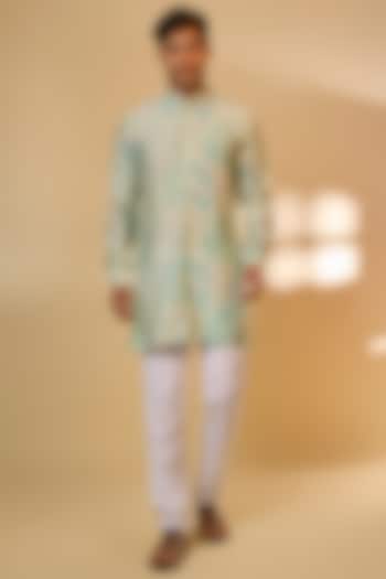 Green Blended Silk Printed Kurta Set by Spring Break Men