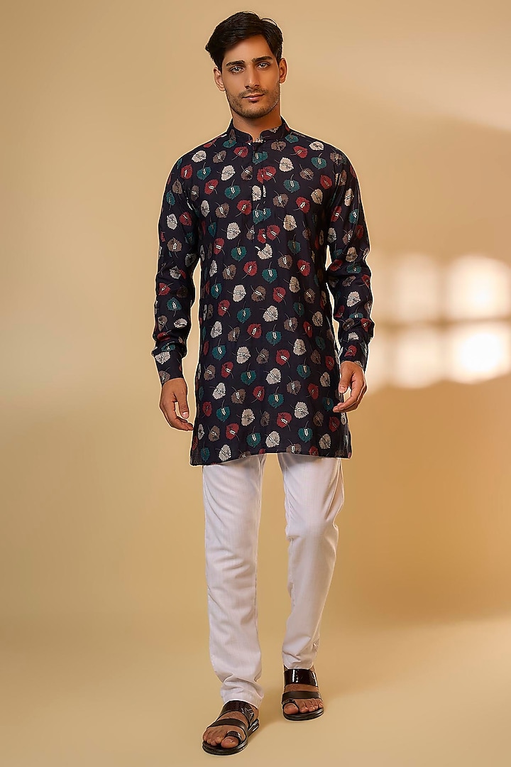 Navy Blue & Gold Blended Silk Leaf Printed Kurta Set by Spring Break Men