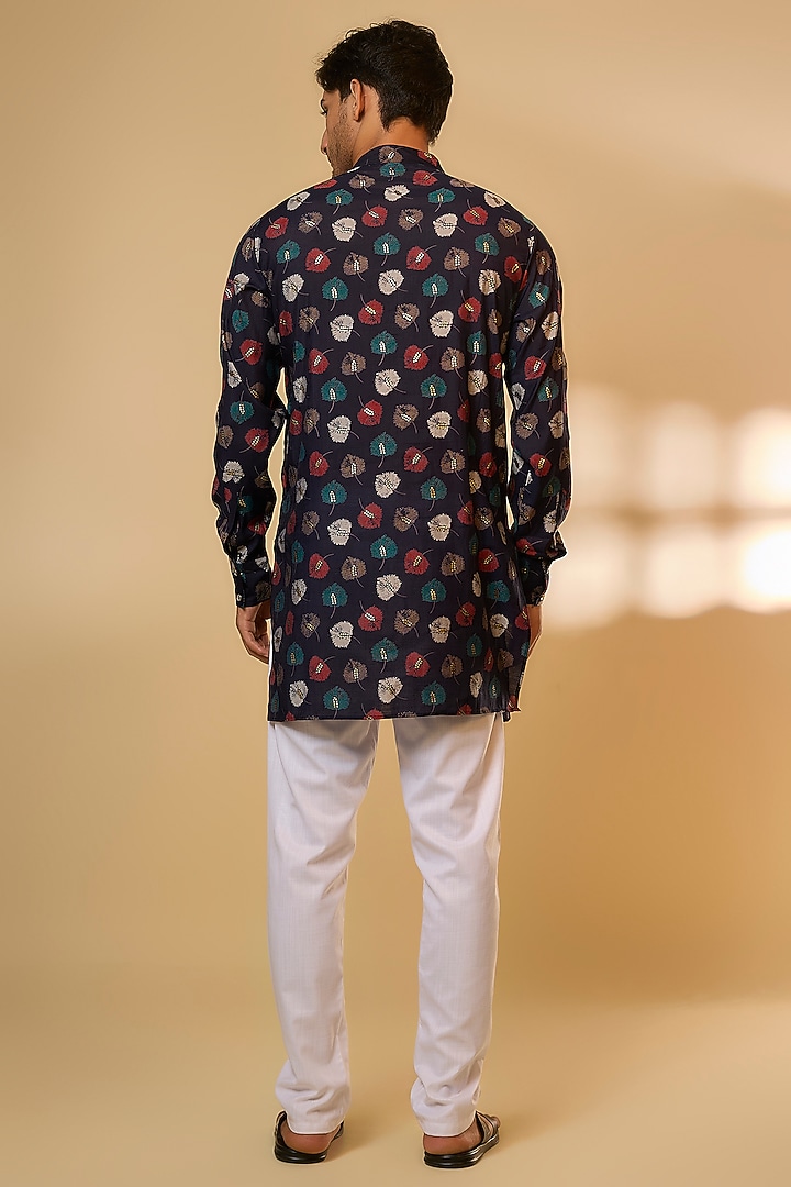 Navy Blue & Gold Blended Silk Leaf Printed Kurta Set by Spring Break Men at Pernia's Pop Up Shop