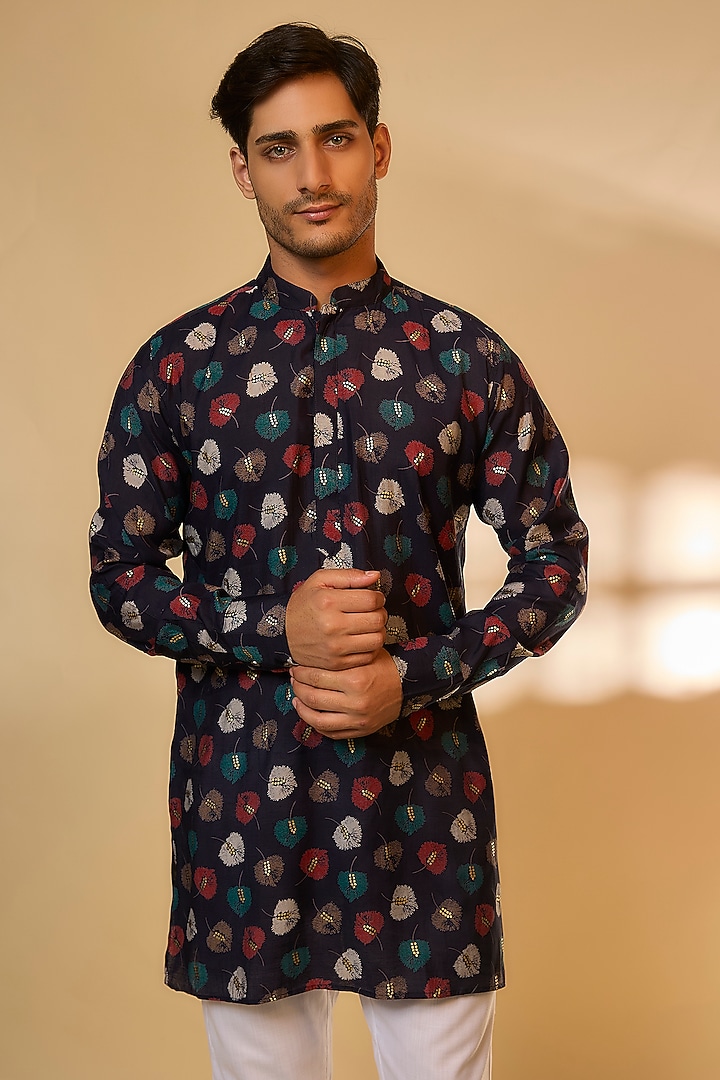 Navy Blue & Gold Blended Silk Leaf Printed Kurta Set by Spring Break Men at Pernia's Pop Up Shop