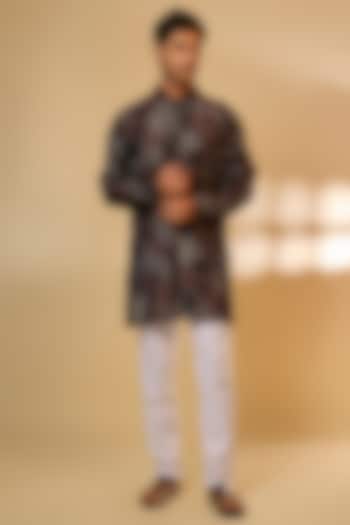 Black Cotton Linen Tropical Printed Kurta Set by Spring Break Men