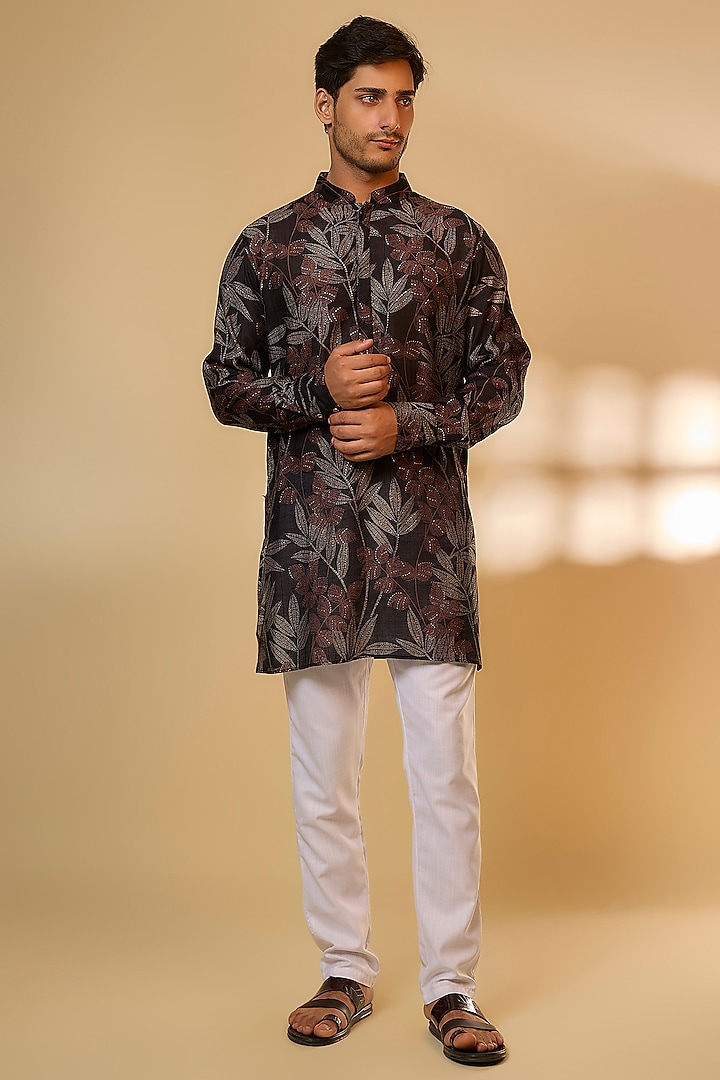 Black Cotton Linen Tropical Printed Kurta Set by Spring Break Men