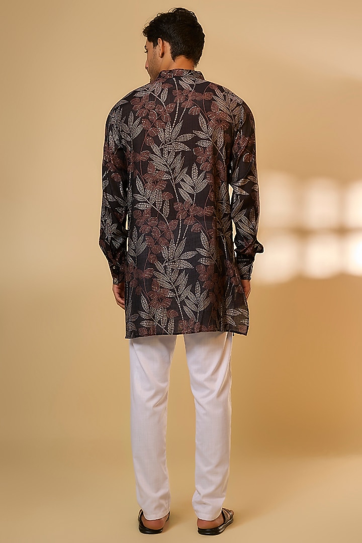 Black Cotton Linen Tropical Printed Kurta Set by Spring Break Men at Pernia's Pop Up Shop