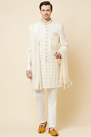 White Lucknowi Sherwani Set by Spring Break Men