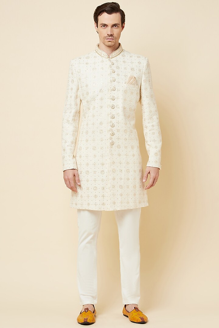 White Lucknowi Wedding Sherwani Set by Spring Break Men at Pernia's Pop Up Shop