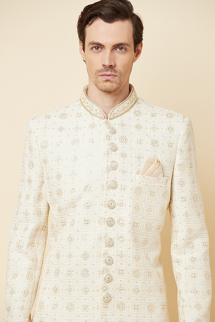 White Lucknowi Wedding Sherwani Set by Spring Break Men at Pernia's Pop Up Shop