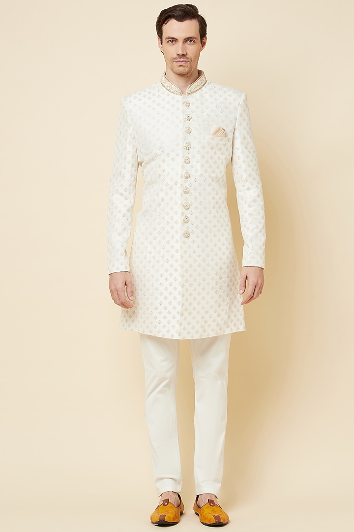 White & Gold Embroidered Wedding Sherwani Set by Spring Break Men at Pernia's Pop Up Shop