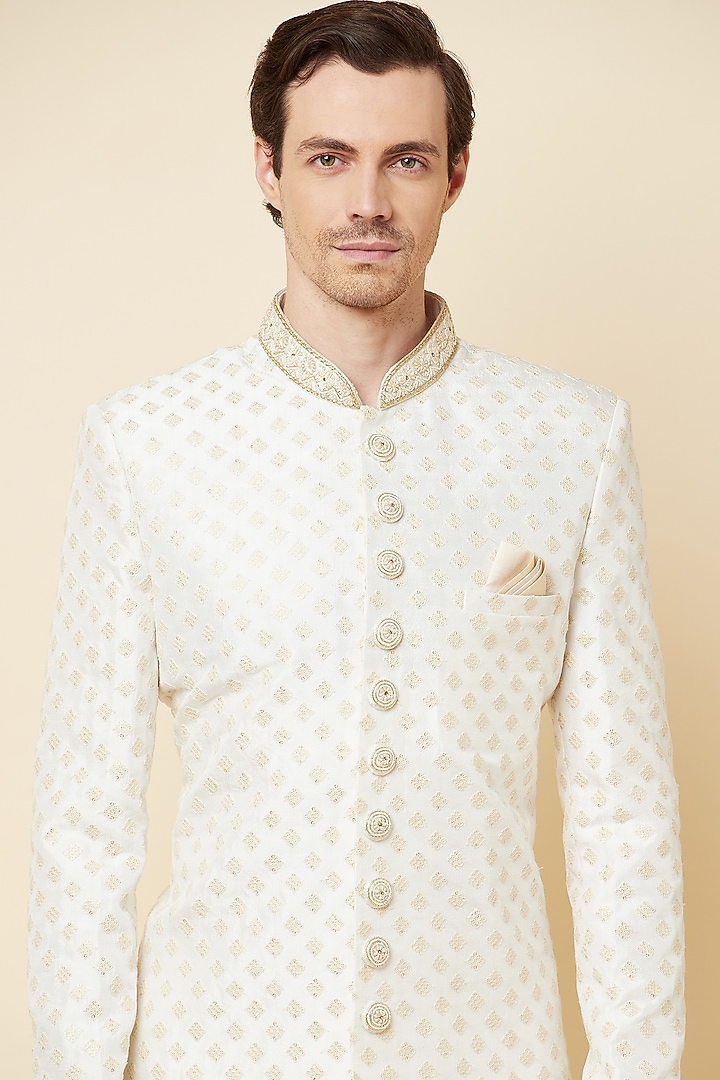 White & Gold Embroidered Wedding Sherwani Set by Spring Break Men at Pernia's Pop Up Shop