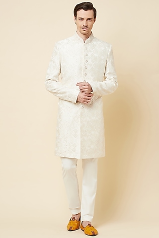 White Lucknowi Embroidered Sherwani Set by Spring Break Men