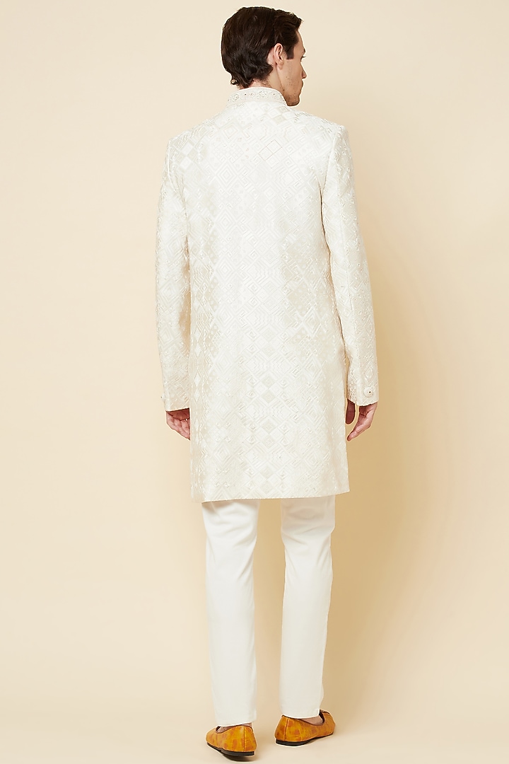 White Lucknowi Embroidered Wedding Sherwani Set by Spring Break Men at Pernia's Pop Up Shop