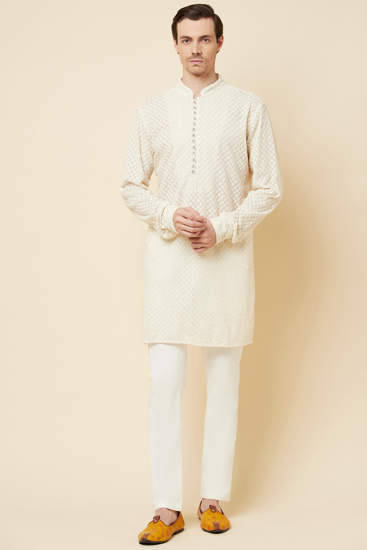 White Lucknowi Embroidered Kurta Set by Spring Break Men