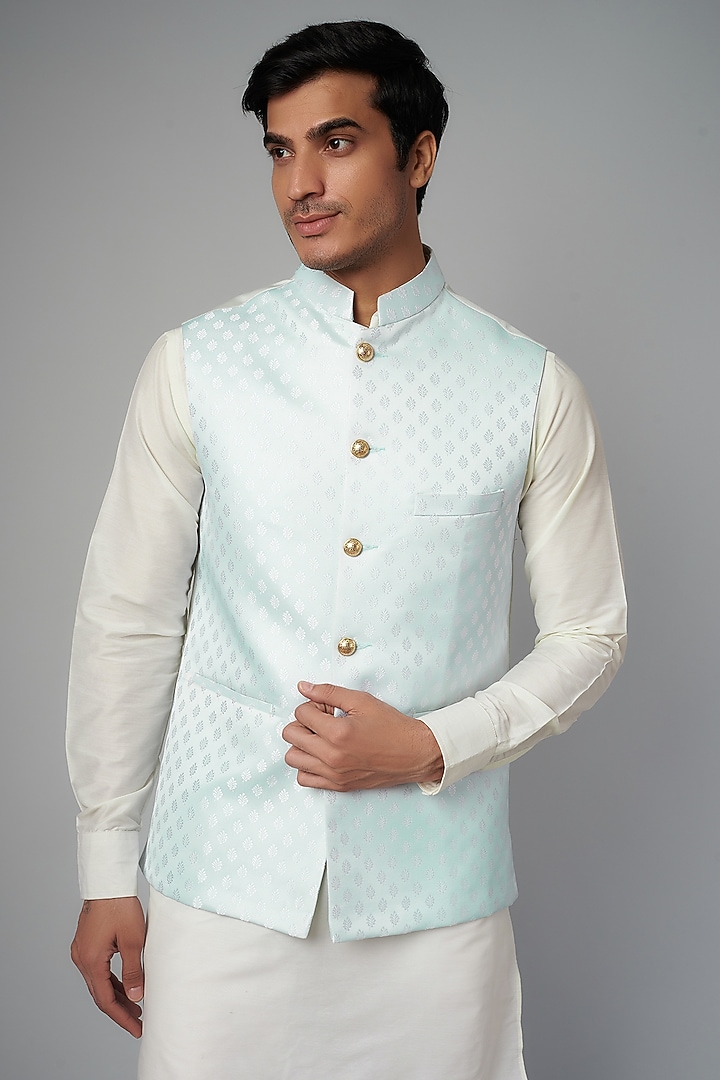 Sky Blue Cotton Silk Bundi Jacket Set by Spring Break Men at Pernia's Pop Up Shop