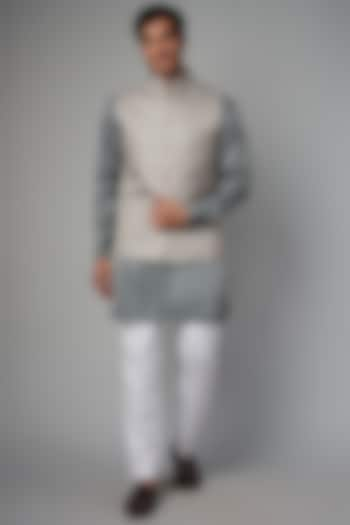 Grey Cotton Silk Embroidered Bundi Jacket Set by Spring Break Men