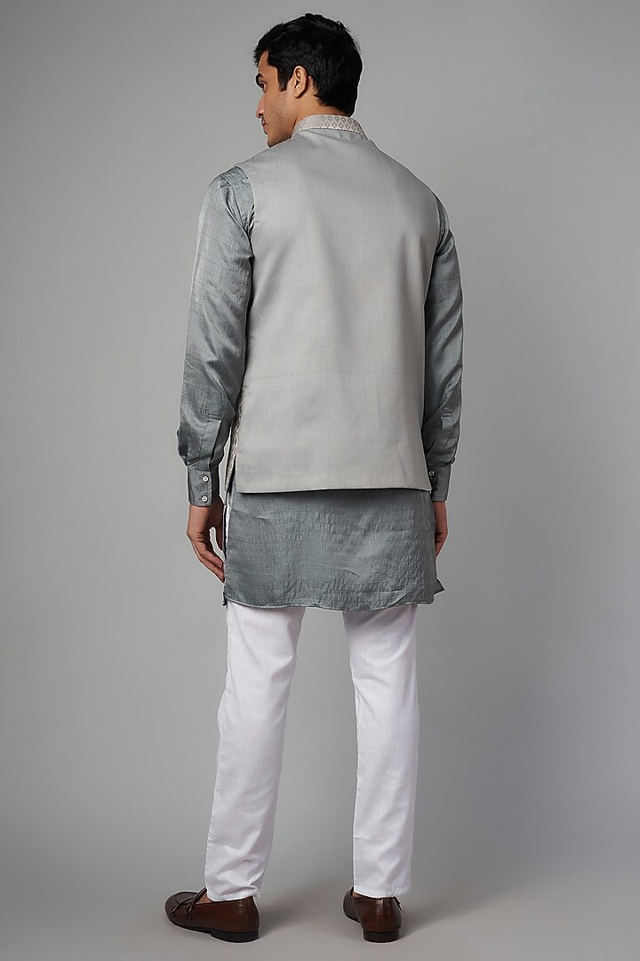 Grey Cotton Silk Jacquard Bundi Jacket Set by Spring Break Men at Pernia's Pop Up Shop