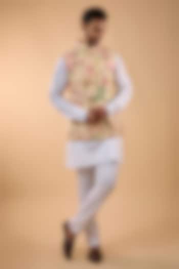 Cream Blended Silk Floral Printed Bundi Jacket Set by Spring Break Men at Pernia's Pop Up Shop