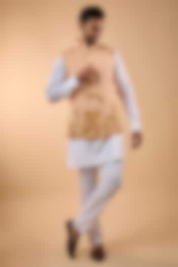 Peach Blended Silk Printed Bundi Jacket Set by Spring Break Men at Pernia's Pop Up Shop