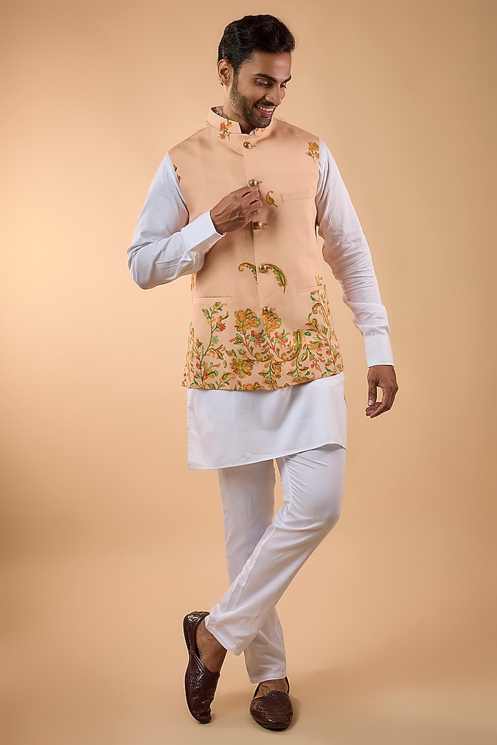 Peach Blended Silk Printed Bundi Jacket Set by Spring Break Men at Pernia's Pop Up Shop