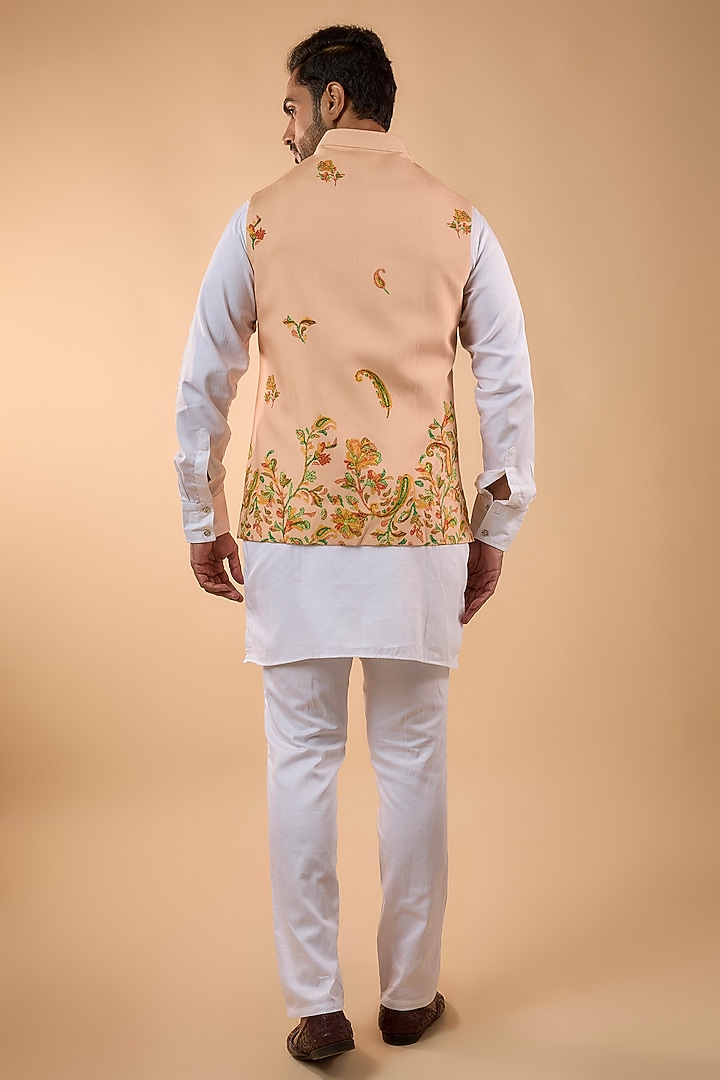 Peach Blended Silk Printed Bundi Jacket Set by Spring Break Men at Pernia's Pop Up Shop