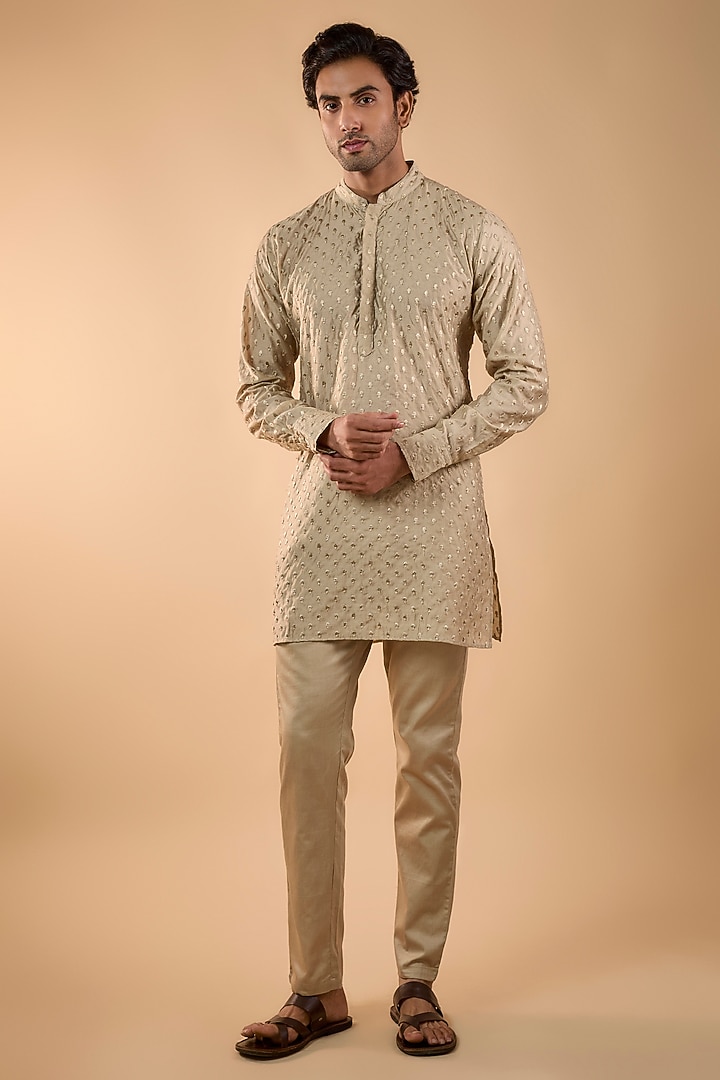 Beige Blended Silk Embroidered Kurta Set by Spring Break Men at Pernia's Pop Up Shop