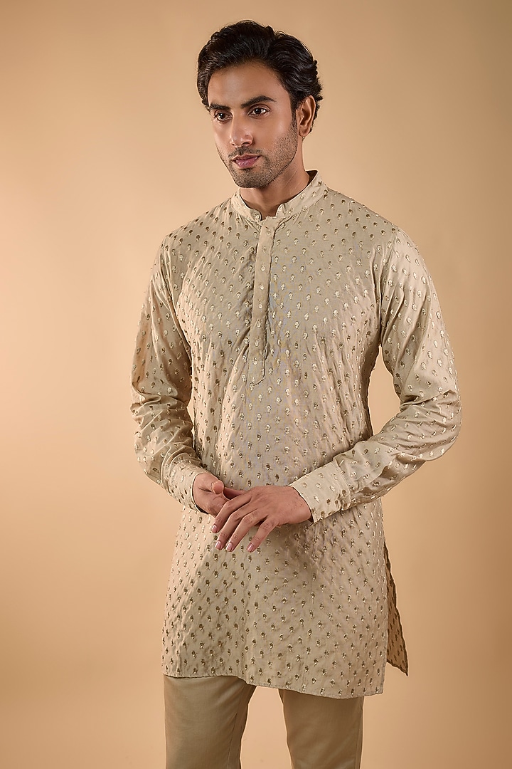 Beige Blended Silk Embroidered Kurta Set by Spring Break Men at Pernia's Pop Up Shop