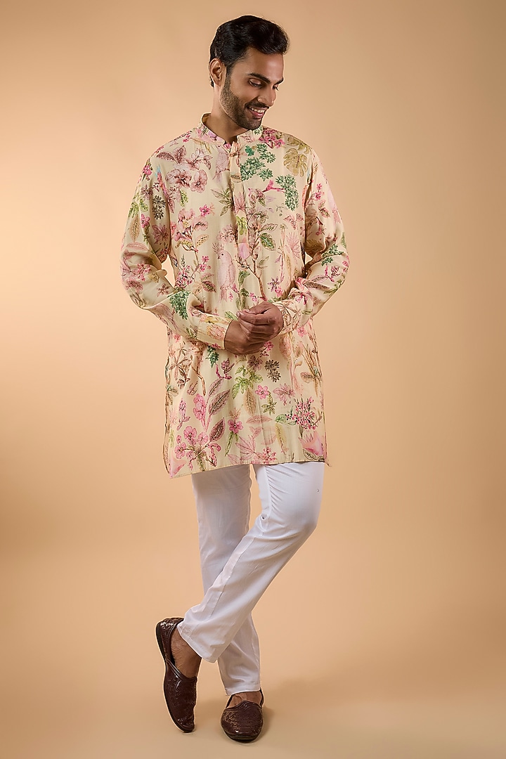Cream Blended Silk Floral Printed Kurta Set by Spring Break Men at Pernia's Pop Up Shop