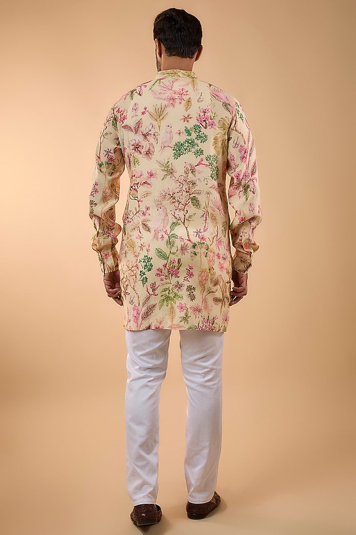 Cream Blended Silk Floral Printed Kurta Set by Spring Break Men at Pernia's Pop Up Shop