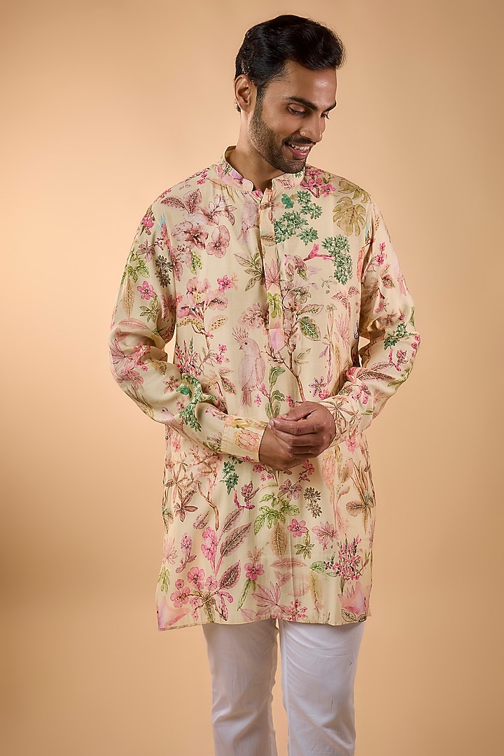 Cream Blended Silk Floral Printed Kurta Set by Spring Break Men at Pernia's Pop Up Shop