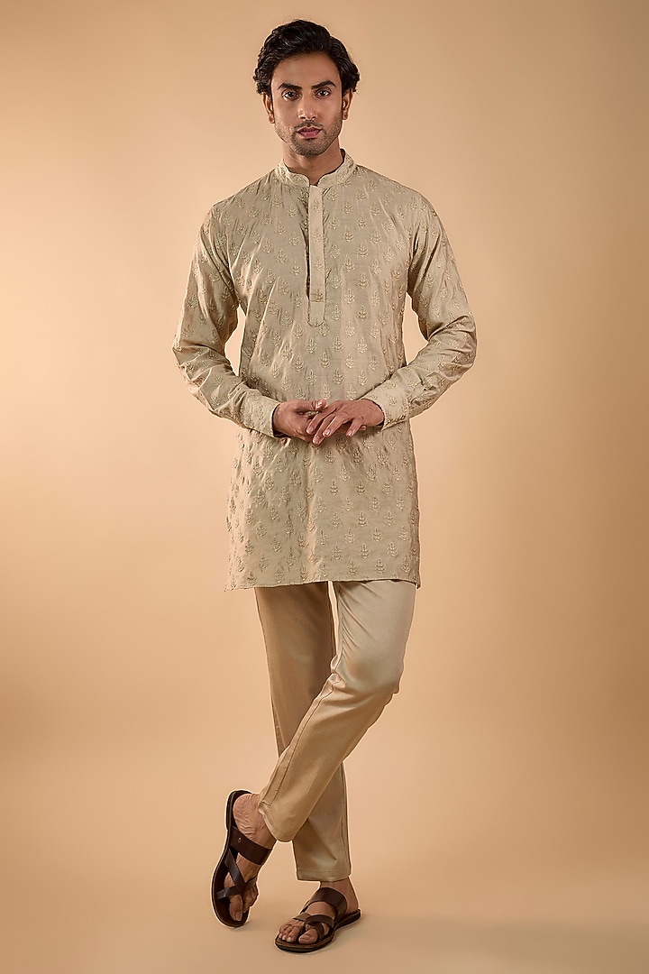 Beige Blended Silk Embroidered Kurta Set by Spring Break Men at Pernia's Pop Up Shop
